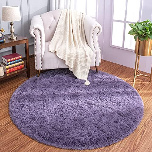 LOCHAS Round Area Rugs Super Soft Living Room Bedroom Home Shaggy Carpet 4-Feet, Gray Purple