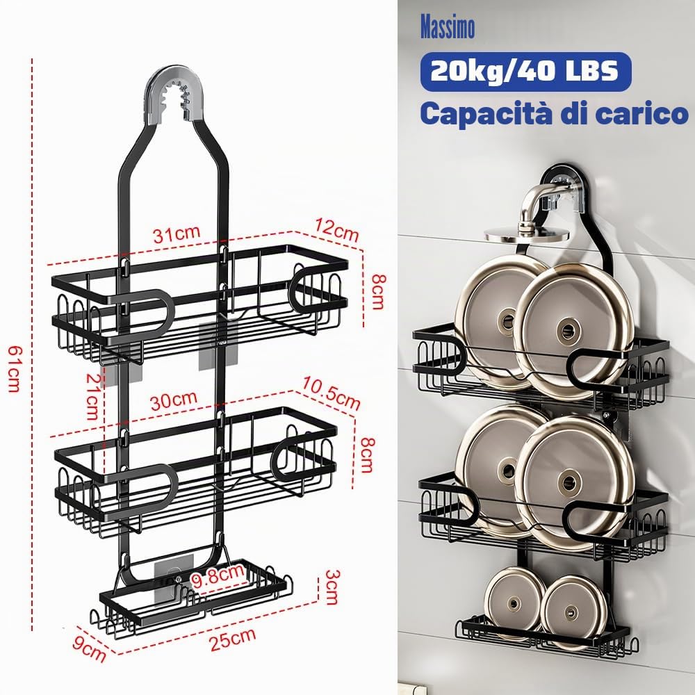Mensola Doccia da Appendere a 3 Ripiani, Portasapone Doccia Senza Foratura, Portaoggetti da Doccia Sospesa in Metallo, Cestello di Scarico Doccia Appesa, Cestino Pensile da Bagno - Nero