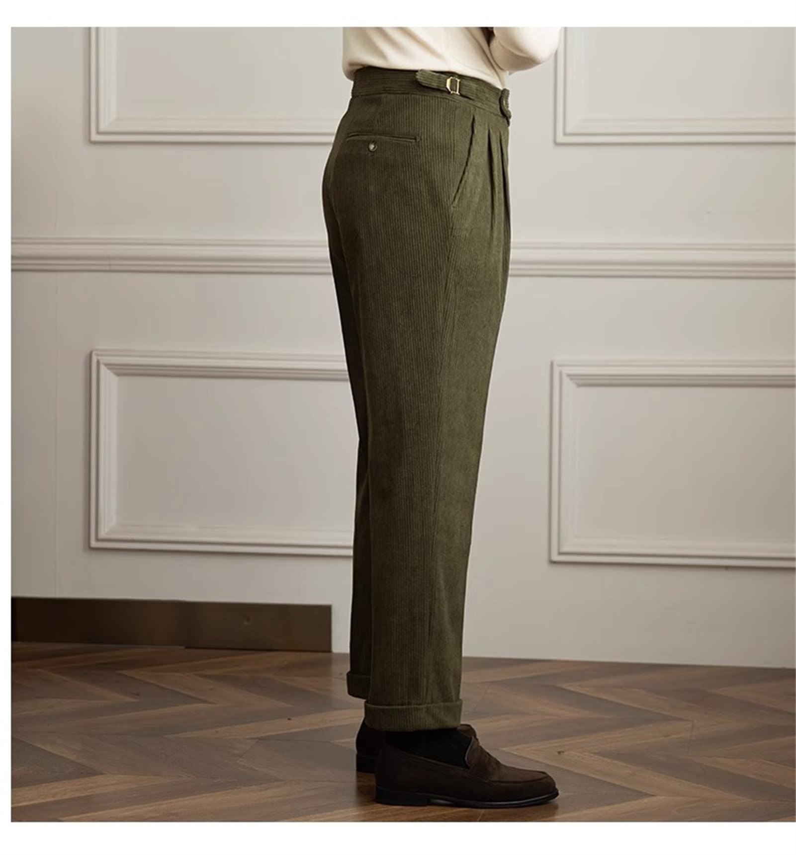 Pantaloni da uomo a vita alta in tweed, pantaloni vintage da uomo in tweed a spina di pesce pantaloni dritti a vita alta