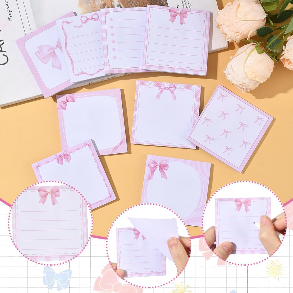 9 Styles 450 Sheets Aesthetic Sticky Notes Set Pastel Sticky Notes Bulk Square Self Adhesive Cute Sweet Cartoon Kawaii Bow Tie Sticky Pads for Home Office School Work Supplies Party Favor