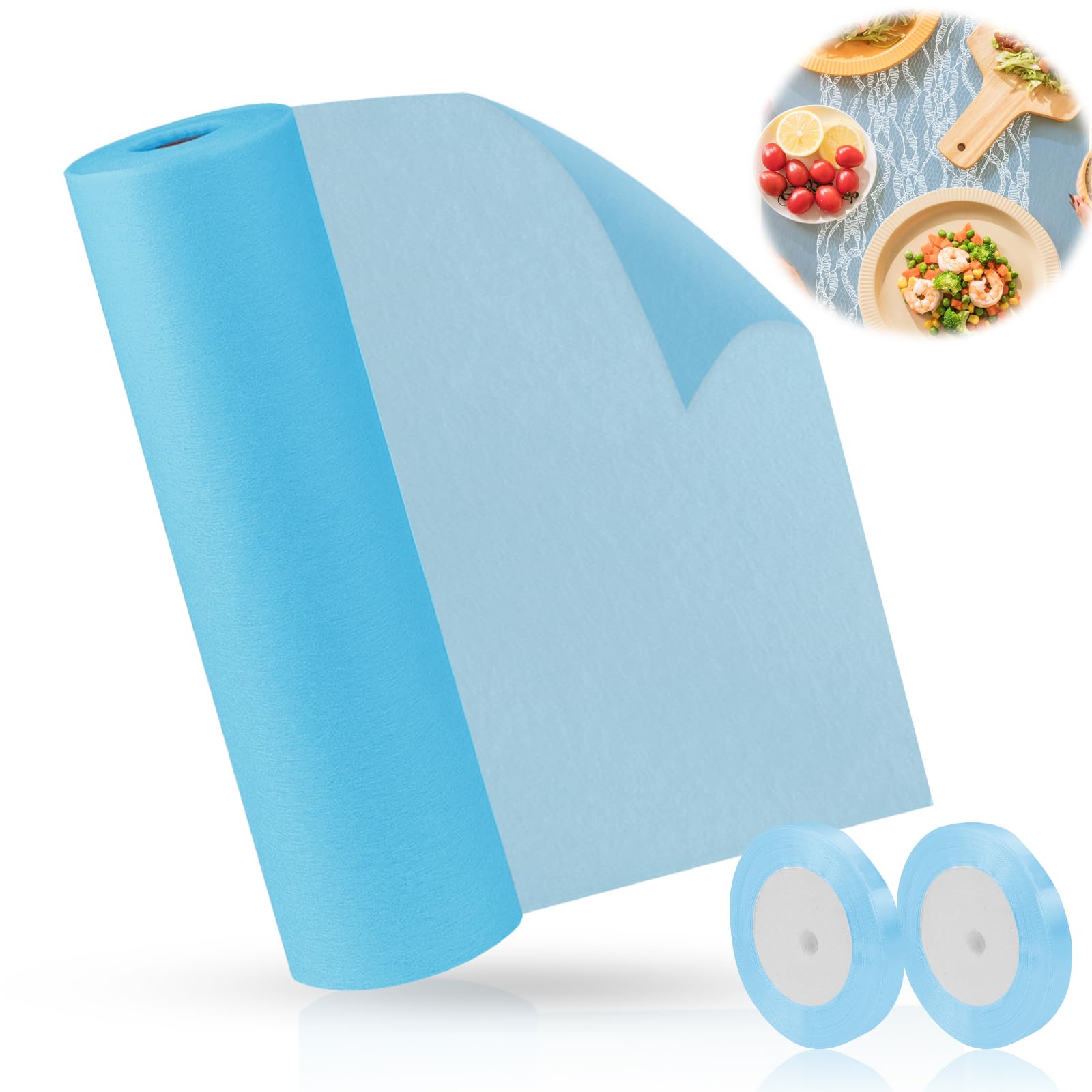 Camino de Mesa Azul 30 cm x 25 m Camino de Mesa Fieltro Decoración de Mesa con 2 Cinta de Raso para Bodas Bautizos Comuniones Cumpleaños