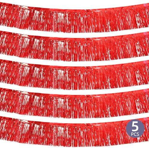 Image of 5 Pack 10 Feet Red Foil Fringe Garland Metallic Tinsel Streamers Backdrop Banner for Parade Floats Birthday Party Decorations Halloween Christmas Decoration