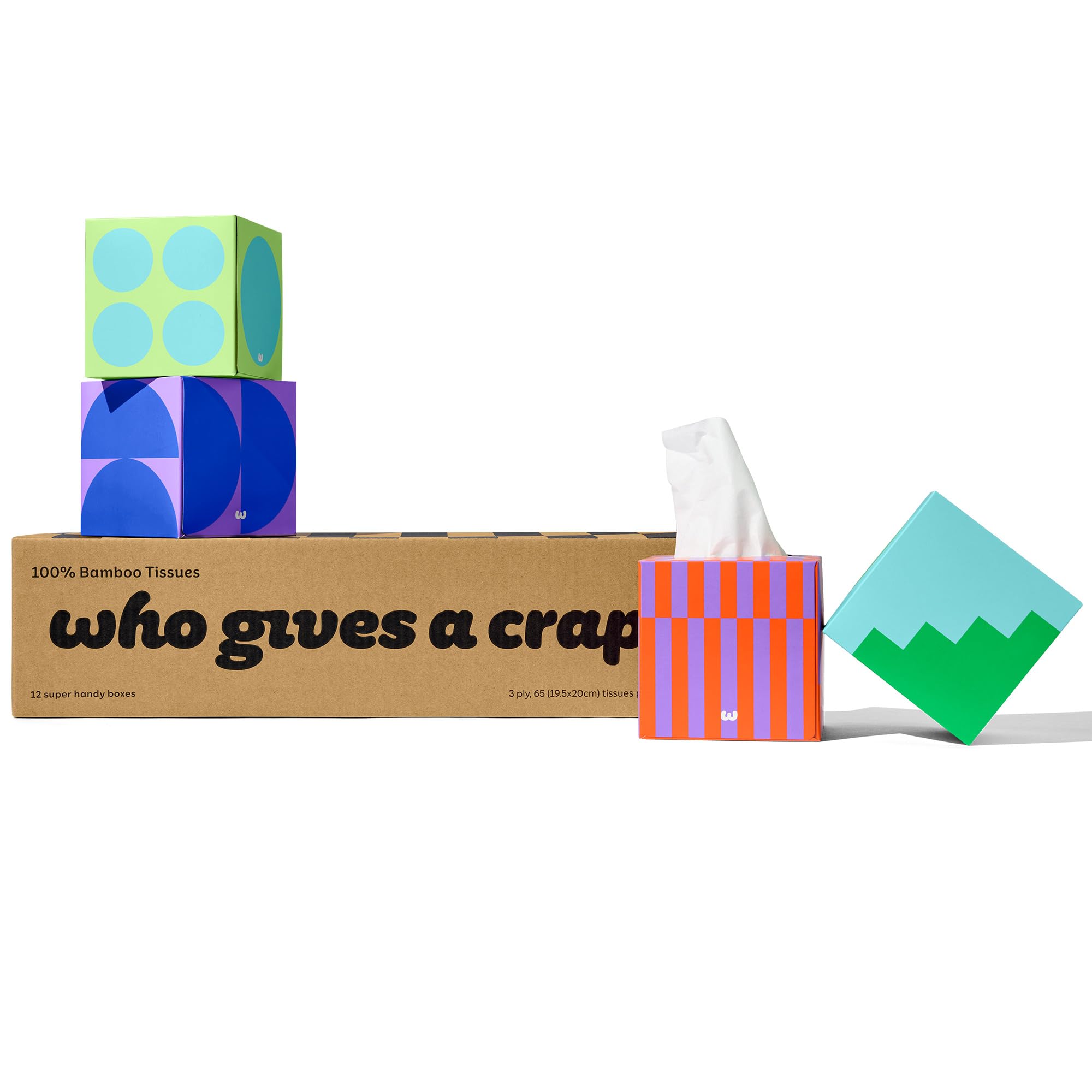 Who Gives a Crap Bamboo Tissues, Facial Tissue Cube Boxes, 100% Bamboo, 3 Ply, 12 Boxes, 65 Sheets per Box, Soft, Strong, and Sustainable, Eco