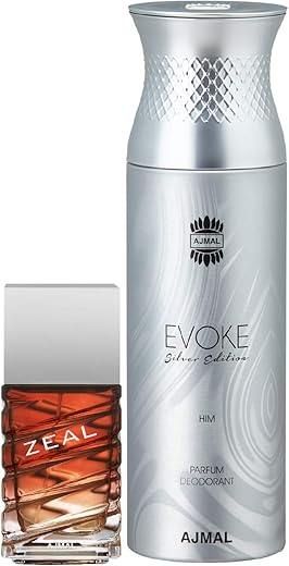 Ajmal Zeal EDP Aquatic Woody Perfume 100ml for Men and Evoke Silver Edition Him Deodorant Spicy Floral Fragrance 200ml for Men