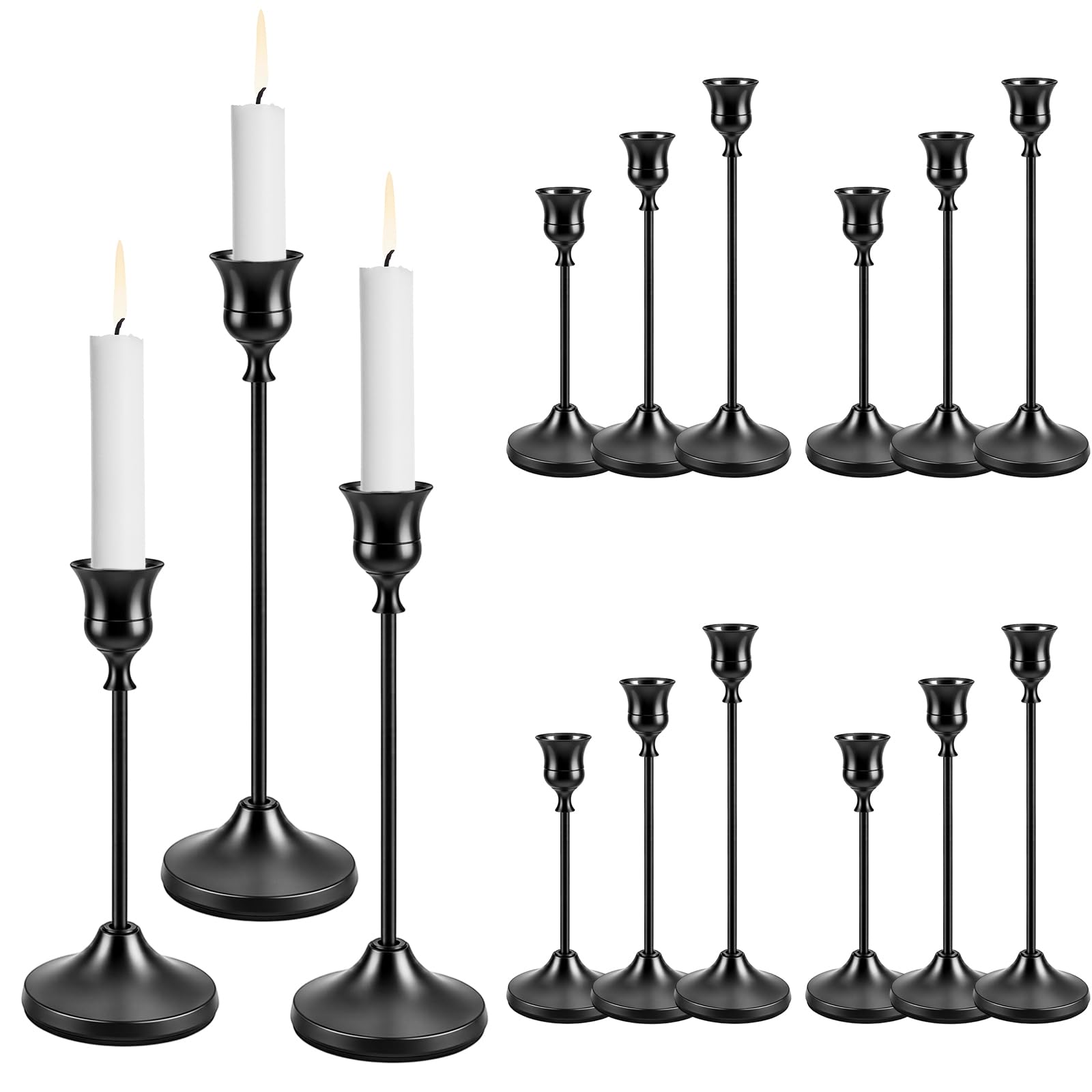 15 pièce 3 Tailles de Bougeoirs Coniques Noirs Bougeoir Décoratif Chandelier en Métal Ensemble de Bougeoirs pour la Décoration Intérieure Mariage Salle à Manger Fête Anniversaire