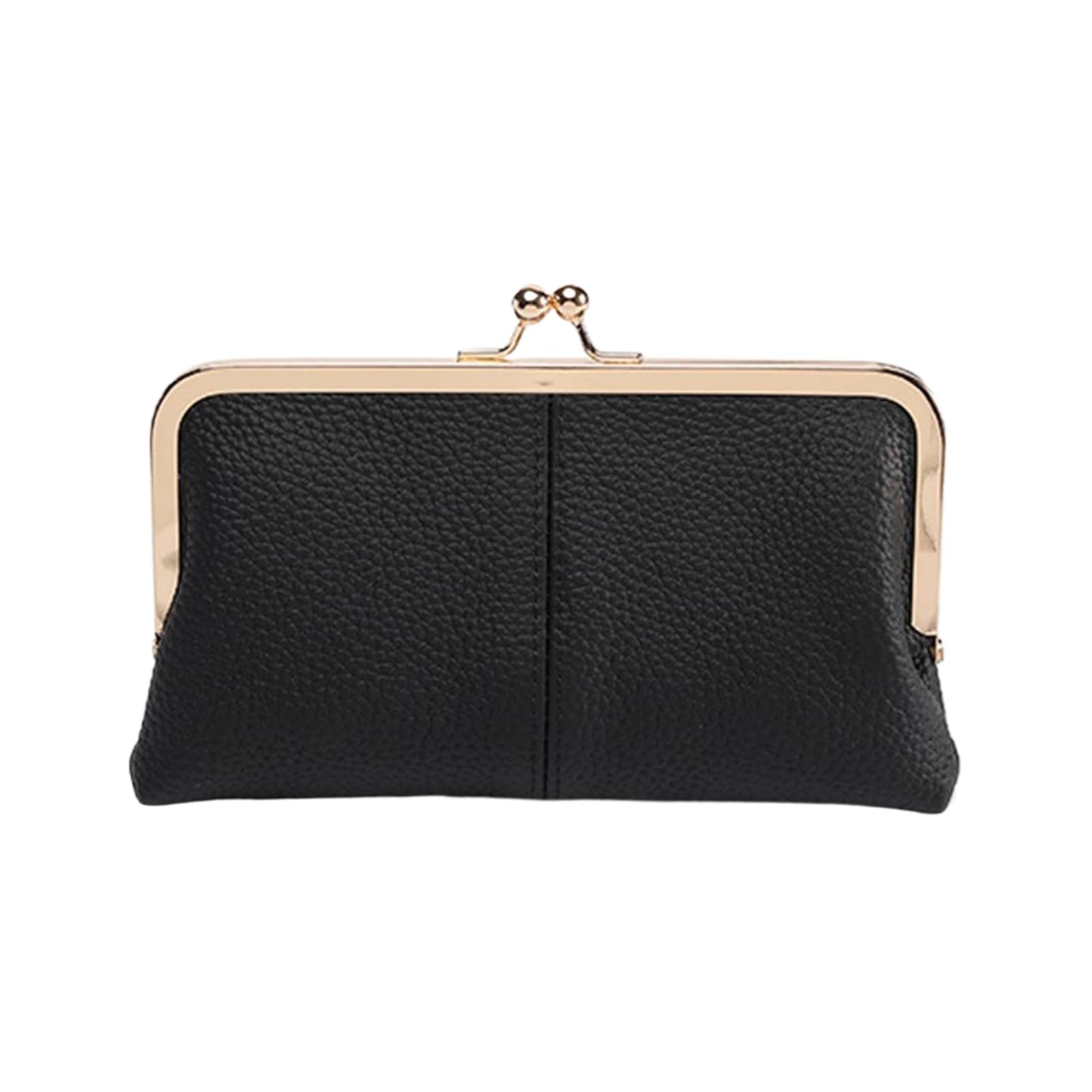 Cartera de Cuero Genuino con Cierre de Beso, Cartera de Mano de Gran Capacidad con Doble Clip, Tarjetero Largo, Cartera de Viaje, Bolsa de Cambio de Moneda enmarcada | Black
