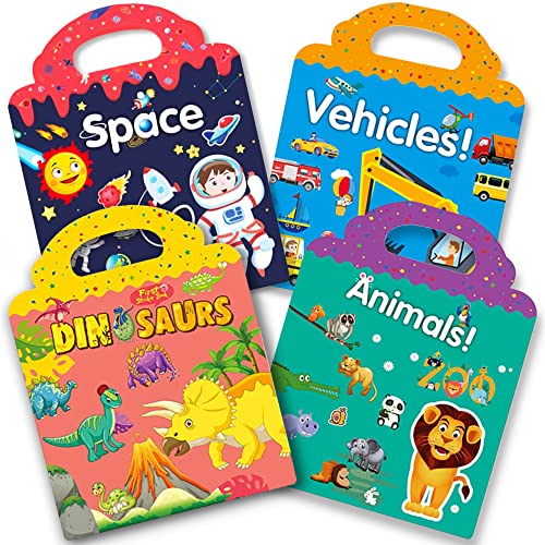 Image of RUSON Reusable Sticker Book for Kids, 4 Sets Educational Learning Toys Travel Stickers Activity Books for Toddler Girls Boys Age 3+ Birthday Gifts - Vehicle, Space, Dinosaur & Animals