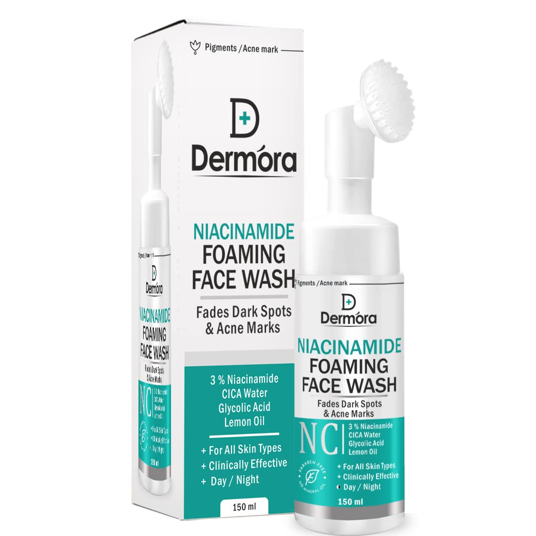 DERMORA Niacinamide Foaming Face Wash, With Silicon Brush Applicator, Niacinamide, Cica Water, Lemon Oil, For Pigments, Acne Marks & Dark Spots, 150 ml