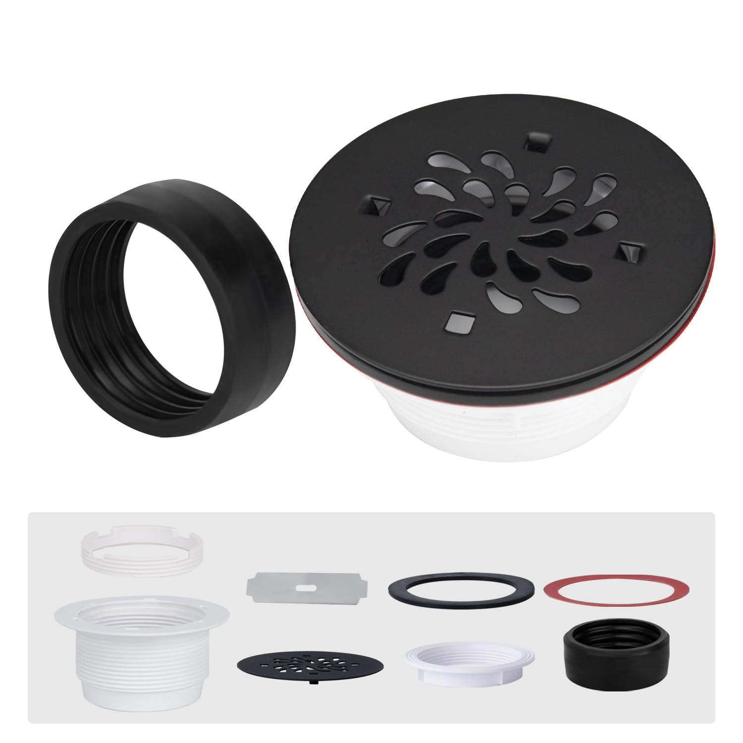 Uni-Green 4-1/4 inch Round Shower Base Drain - 2" Pipe No Caulk PVC Compression Shower Drain 304 Stainless Steel with Waterproof Rubber - Matte Black Strainer for Bathroom - For Shower Base,Shower Pan
