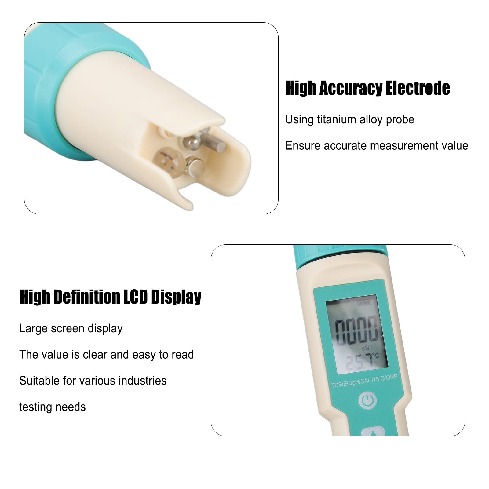 Water Quality Tester, ORP PH TDS TEMP EC Salinity SG 7 in 1, Accurate LCD Digital Water Meter Pen with Detection Powder, for Drinking Water, Aquariums