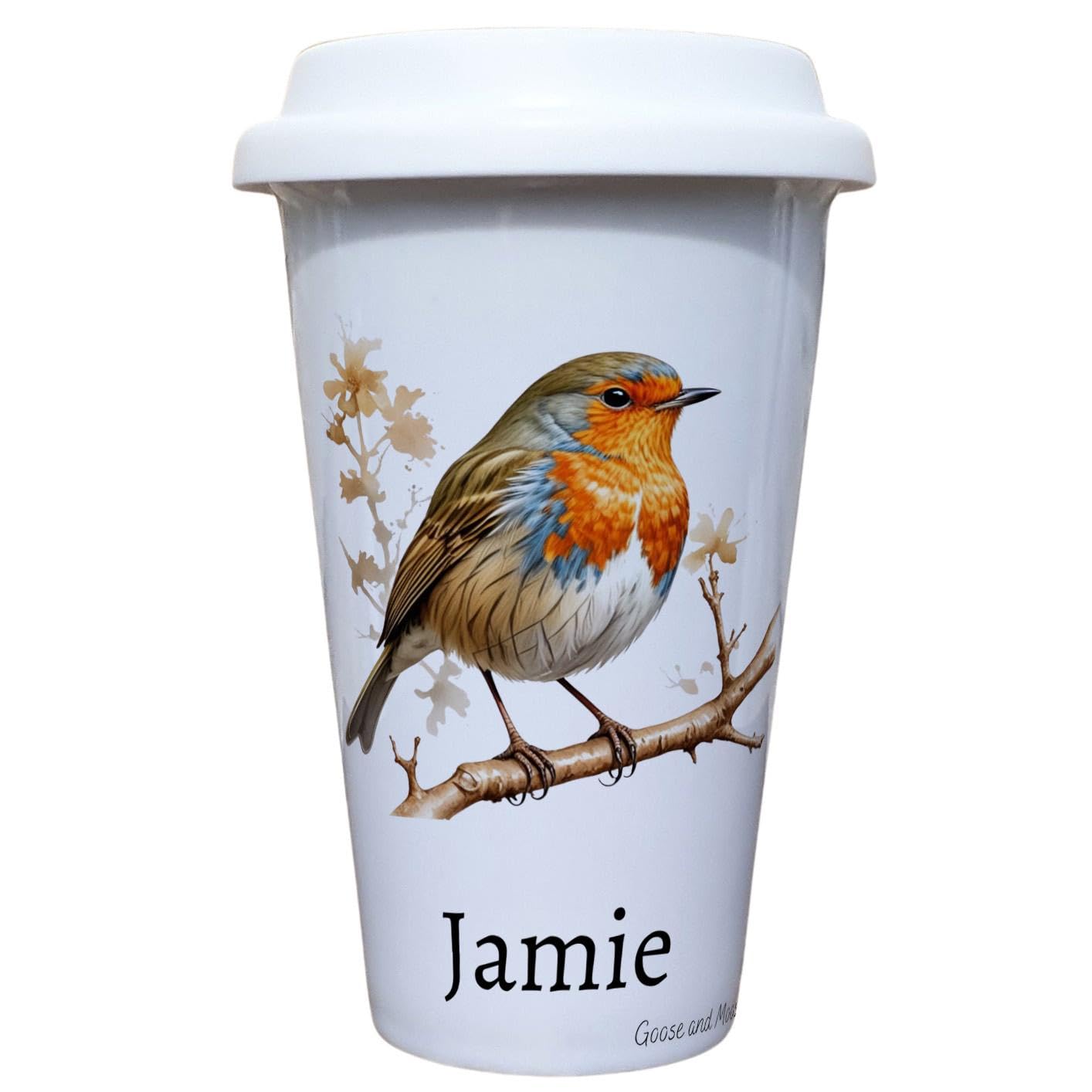 Personalised Robin Bird Travel Mug, Gift for Wildlife Lover, Thank you present for Bird Spotter, Hot Drinks Flask, Insulated Coffee Cup