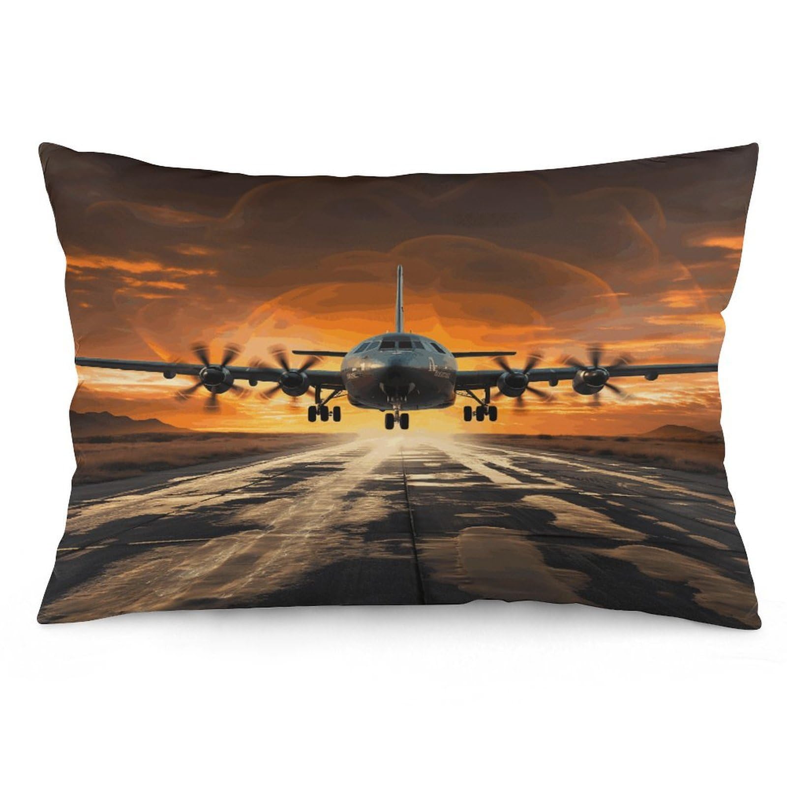 Military Plane Landing on Airforce Runways Against Beautiful Dusky Sky Throw Pillow Cover Soft Lumbar Pillow Covers with Zipper Breathable Rectangular Cushion Case Polyester Pillow Case Decorative Bod