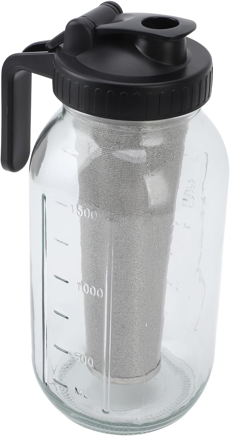 Rengue Cold Brew Coffee Maker with Stainless Steel Filter, Filter, Thick Glass Pitcher, Black, Soda Lime Glass, Includes Brush and Lid Accessories Cold Brew Coffee Maker with Stainless (2000ml)