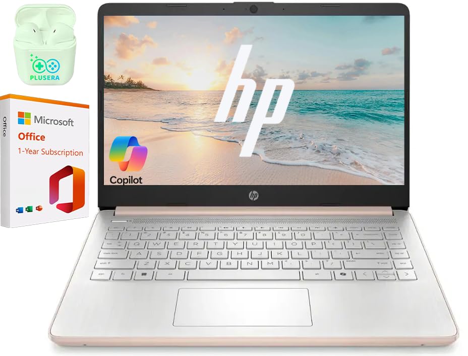 Image of HP 14 inch Business Laptop Computer with 1-Year Office 365, Intel Quad-Core N150 Processor, 4GB RAM 128GB UFS, Windows 11 Home, PLUSERA Earphones, Pale Rose Gold