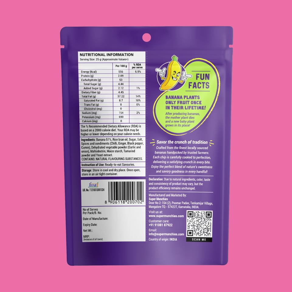 Image of Super Munchies Bold Bites Banana Chips Combo | Flaming Hot, Salted, Thai Chili, Sweet & Sour | Vegan, Gluten Free, No Palm Oil, No Preservatives, No Artificial Colors, Zero Trans Fat, No Cholesterol (Pack of 4)