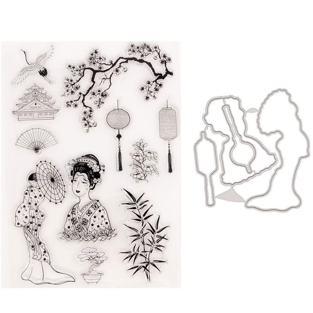 Cherry Blossoms Branches Kimono Bamboo Fan Lantern Oriental Theme Clear Rubber Stamps and Cutting Dies for Card Making Scrapbooking