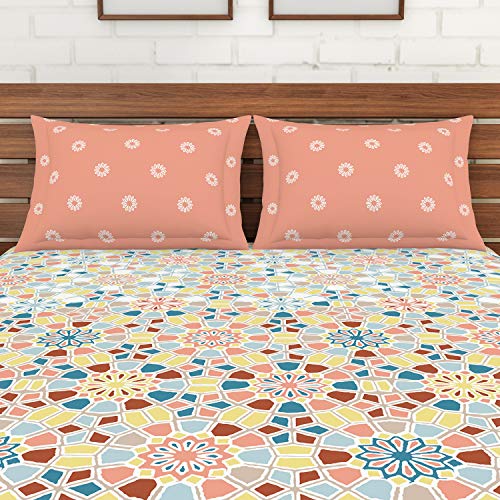 Image of Spaces Atrium 144 TC 100% Cotton King Size Double Bedsheet with 2 Pillow Covers ( 108 inch X 108 inch Inches) - Apricot, orange, large (ATR-2)