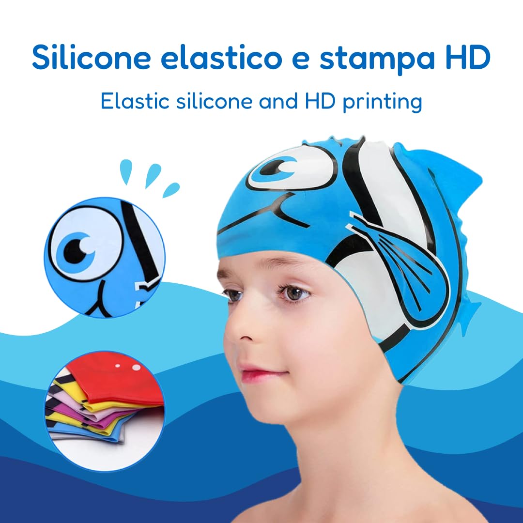 kina - Cuffia da Nuoto Bambini per Piscina, in Silicone, Ipoallergenica, Elastica e Soffice al tatto per Capelli corti e lunghi