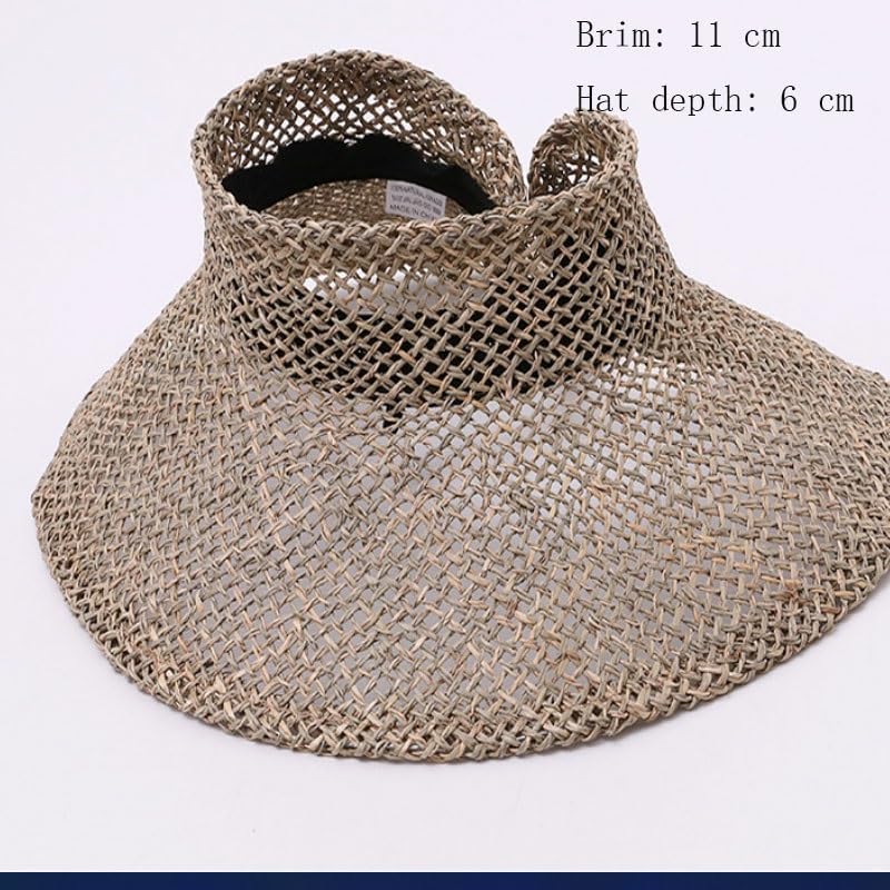 Foldable Portable Natural Grass Woven Open Top Hat with Rolled Brim Sunshade