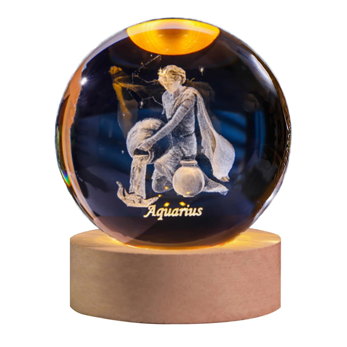QIANCHANG Aquarius Crystal Ball with Wooden Light Base, 60mm 3D Laser Etched Constellation Glass Sphere Decorative Balls Paperweight Gift