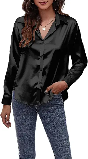 Satin Blouse Women: Elegant Long Sleeve V-Neck Silk Top in Solid Color