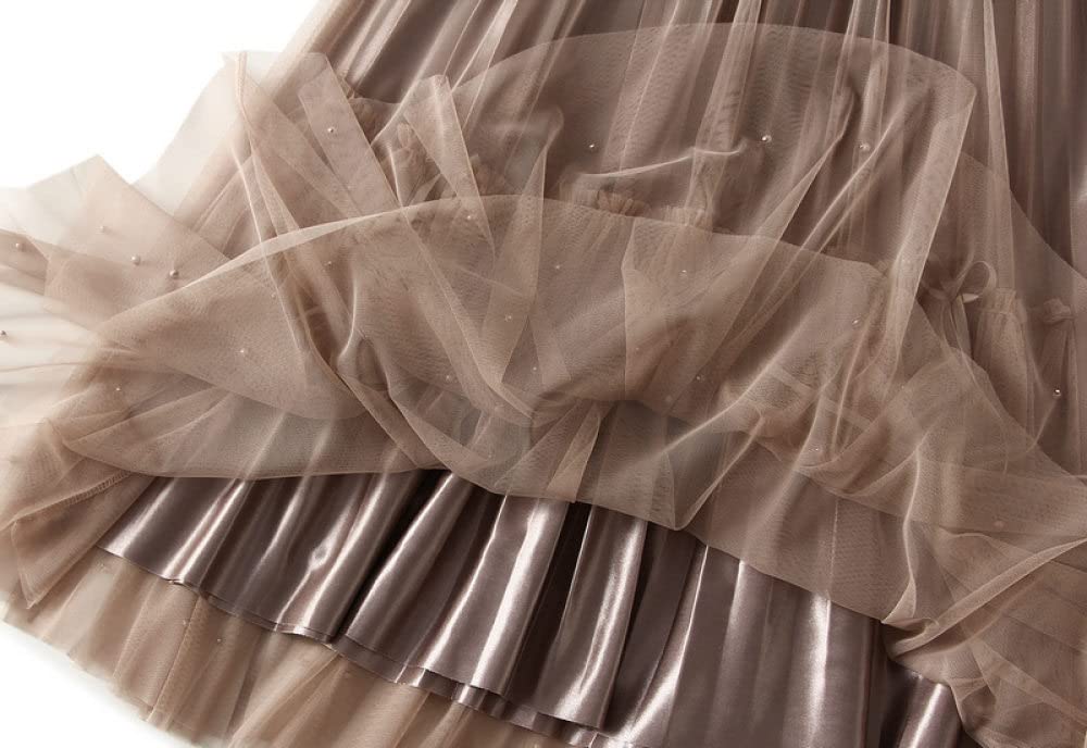Gonne A Ruota,Gonna Longuette Da Donna Gonna A Pieghe In Tulle Con Cuciture A Vita Alta Elastica Marrone Gonna A Pieghe In Tulle Con Pieghe A-Line Dolce Gonne Lunghe Con Volant A Strati Increspati P