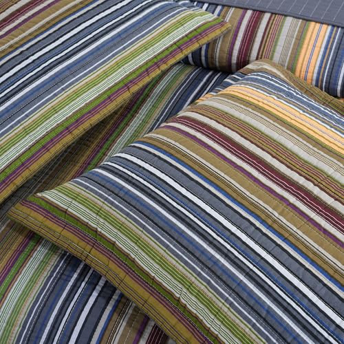 Image of Chezmoi Collection Avery Striped Cotton Quilt Set Queen Size, 3-Piece Soft Pre-Washed 100% Cotton Quilt, Multi-Color Green