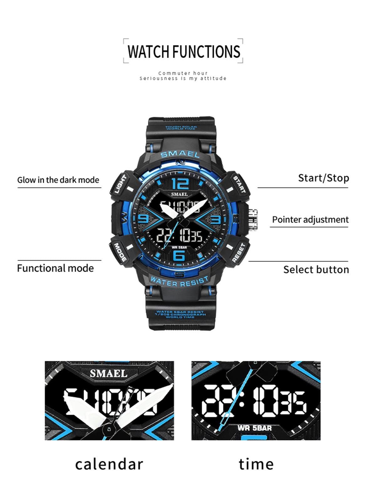 Montre Digital Homme Montre Sport Homme Montre Adolescent avec Alarme Imperméable Lumière Analogique-Digital Chronomètre Etc Multi-Fonctionnel Montre-Bracelet
