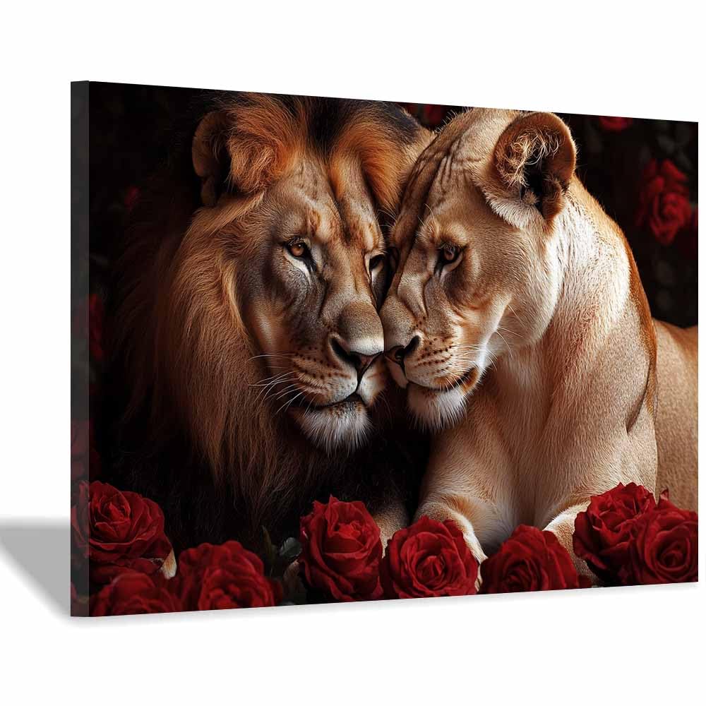 TERUEA Lienzo decorativo para pared de baño con diseño, Diseño Romántico Pareja Leones Rosa Roja, decoración de baño de verano para sala de estar, dormitorio, baño（Rojo-70x100cm1 Enmarcado