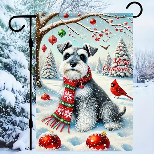 Image of BlissYard Winter Garden Flag Schnauzer Cardinal Snow Scene 12 x 18 Inch | Schnauzer and Cardinal, Snowy Tree Scene, Winter Yard Decor, Lawn, Porch, Patio, Garden, Seasonal Outdoor Flag