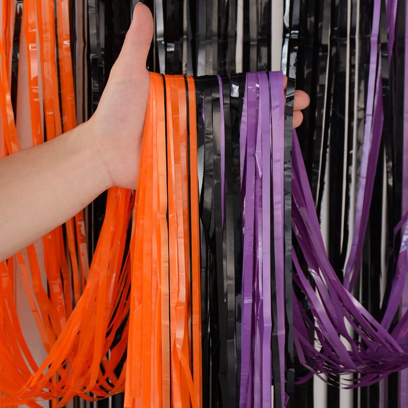 SWR Halloween Foil Fringe Curtains 2 Pack Orange Purple Black Photo Booth Props,3.3 X 6.6 ft Metallic Tinsel Curtains,for Halloween Party Photo Backdrop Streamer Backdrop Birthday Anniversary
