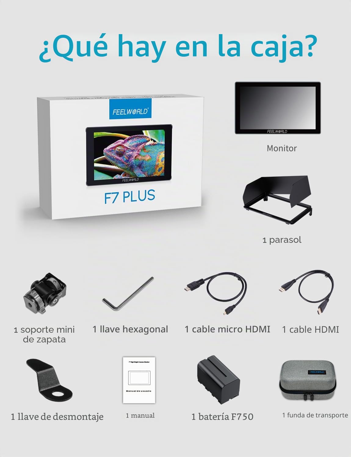 FEELWORLD F7 Plus Monitor de Campo para cámara de 7 Pulgadas y 1200nits con batería y Bolsa F750 Pantalla táctil 3D Lut Forma de Onda F970 Kit de instalación y alimentación 4K 60Hz HDMI