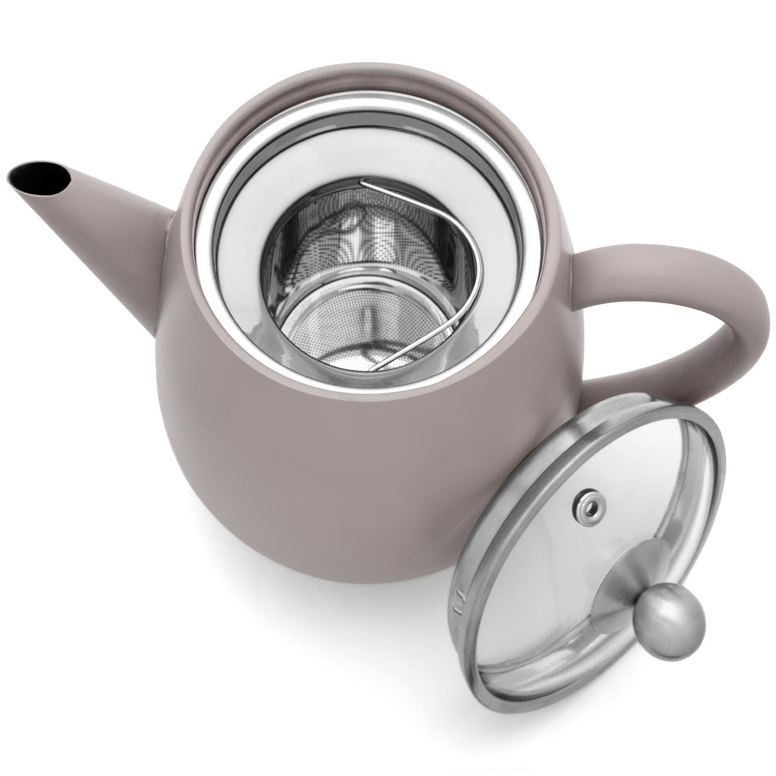Bredemeijer graue doppelwandige Teekanne 1.1 Liter - isolierende Edelstahl Kanne mit Deckel aus Glas & Tee-Filter Sieb-Einsatz und braunem Holz-Untersetzer
