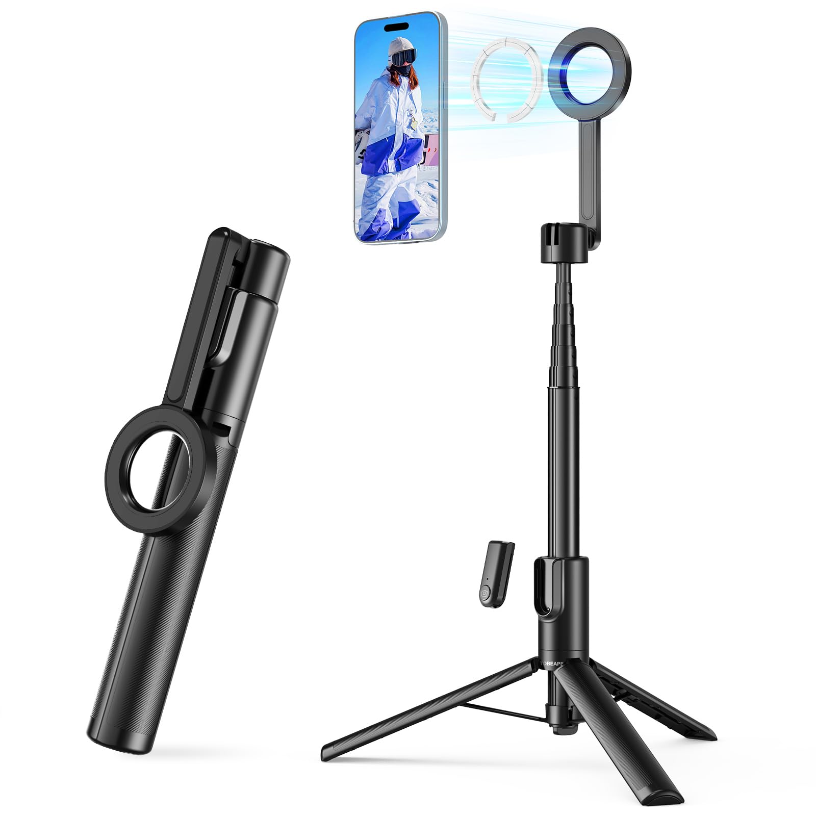 Tobeape Magnetic Phone Tripod for iPhone 12-15 Series, 54” Extendable MagStick Selfie Stick with Remote, Minimalistic Magnetic Compatible with MagSafe