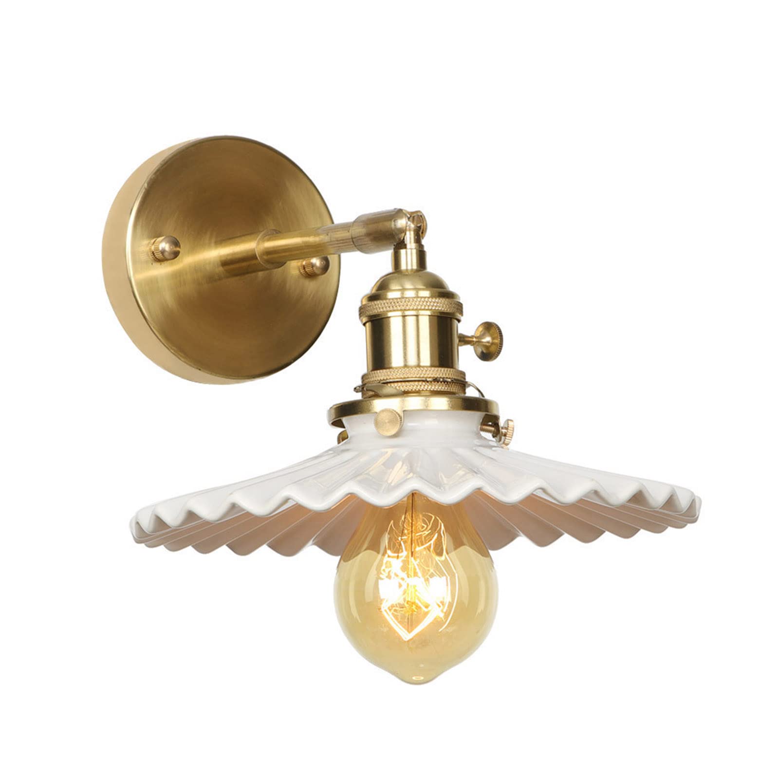 SGSDG Retro Creative E27 Yellow Straight Arm Wall Lamp with Switch Copper Wall Light Round Wavy Glass Lampshade Wall Sconces for Indoor Restaurant Living Room Bedroom Study Cafe