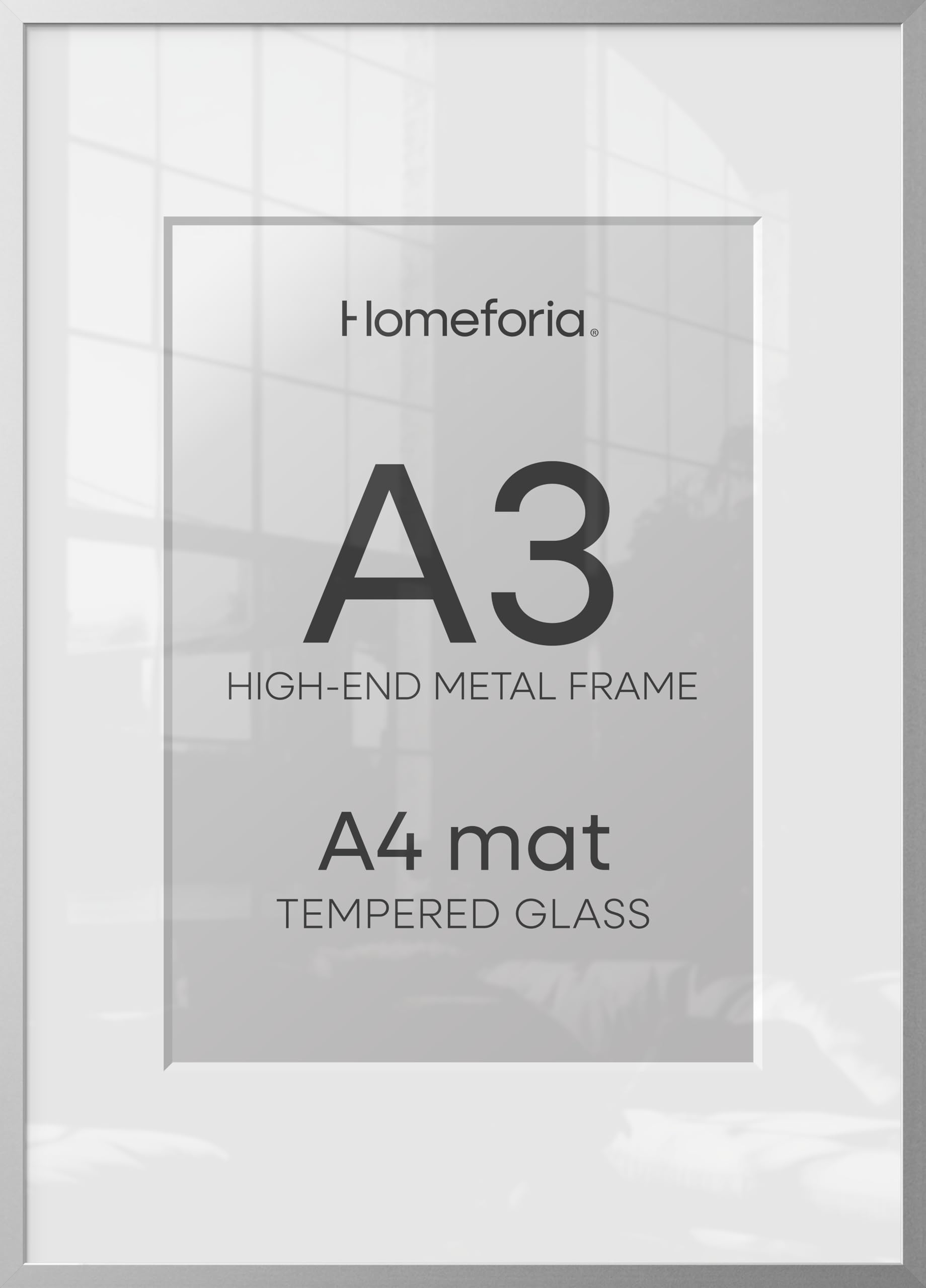 Homeforia A3 Silver Picture Frame, High-End Metal, A4 Mat, Glass | High End Aluminum, Tempered Glass, Acid-Free A4 Removable Mat, A3 Edge-to-Edge Display, Wall Kit, Set Of 1