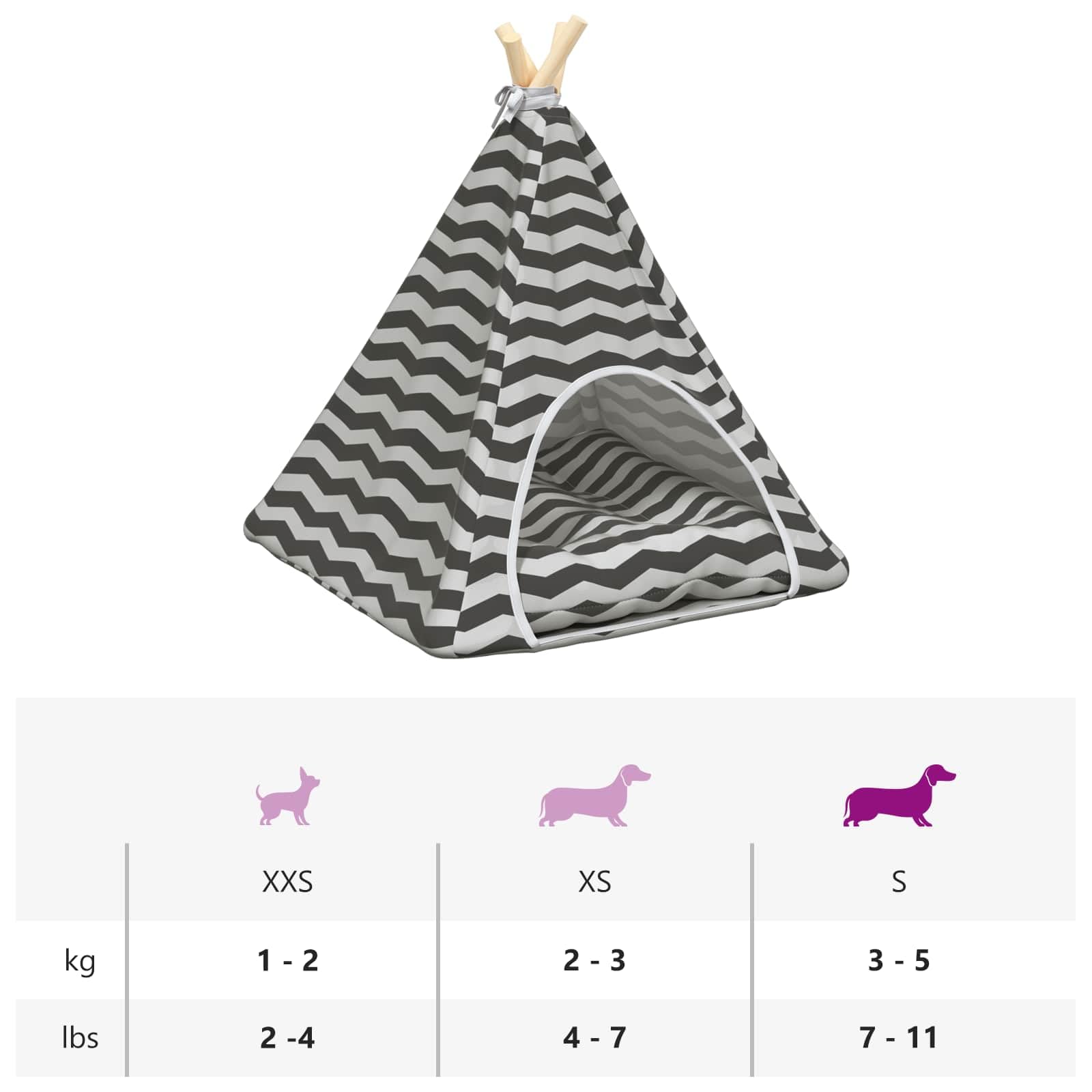 Tipi para mascotas con cojín blanco y gris, 50 x 50 x 60 cm, cueva para gatos, cesta para gatos, cojín para gatos, cama acogedora con estaca de madera de pino para gatos y perros pequeños