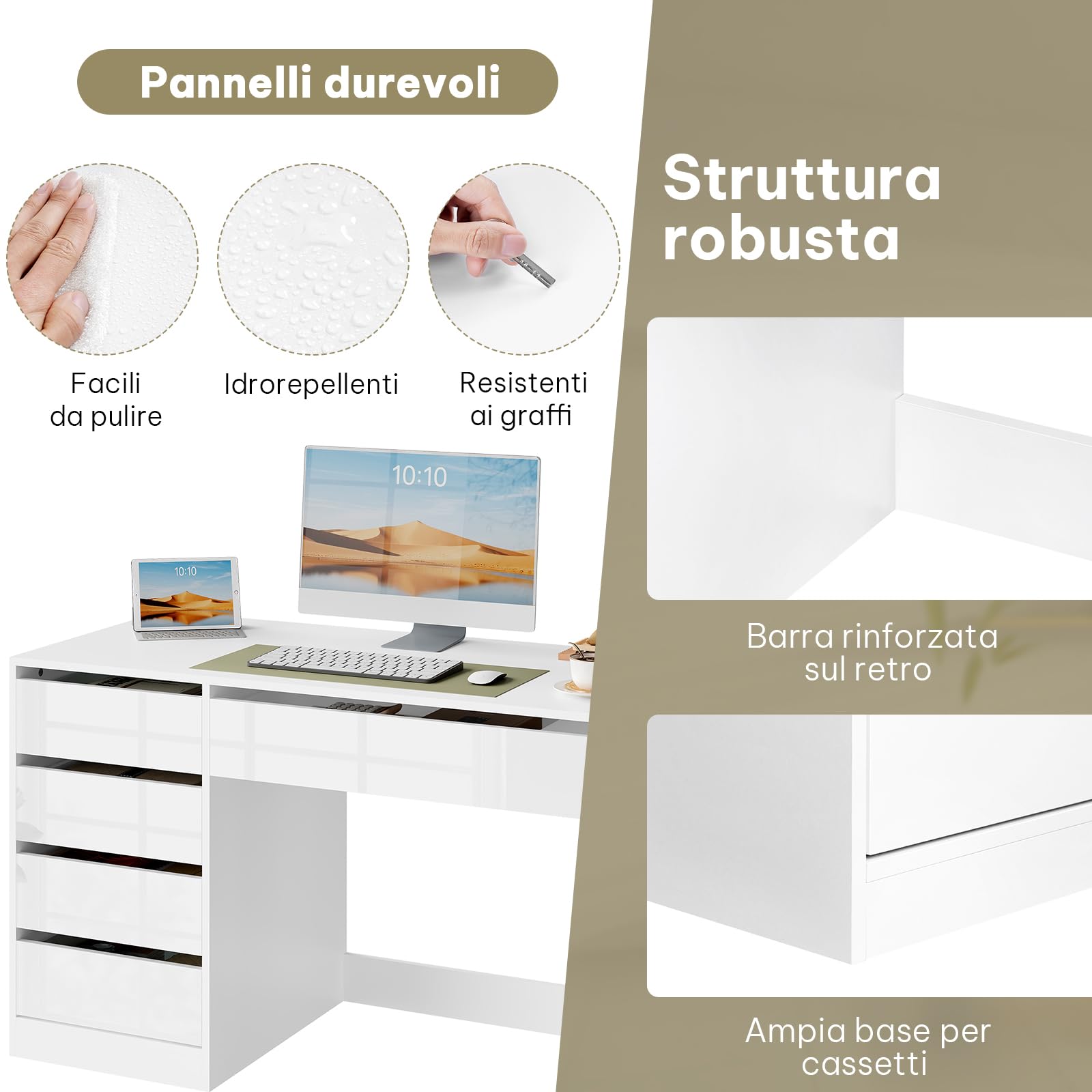 eSituro Scrivania Trucco, 120x55 cm, Toeletta con 5 Cassetti senza Specchio, Scrivania da Ufficio per Computer, per Ufficio, Studio e Camera da Letto, Bianco Brillante