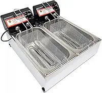 Fritadeira Elétrica com Óleo Industrial Inox, 2 Cubas, 7L 1500W Termostato até 300°C (110V)