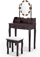 Vista 8 de CHARMAID Mesa de tocador para niñas con espejo iluminado y taburete, 10 luces LED regulables, 3 modos de iluminación de color, 4 cajones, mango