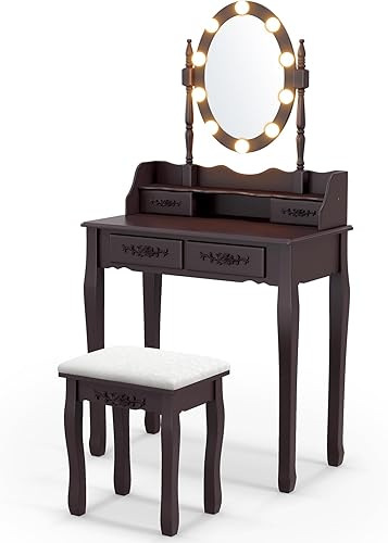 Miniatura 8 de CHARMAID Mesa de tocador para niñas con espejo iluminado y taburete, 10 luces LED regulables, 3 modos de iluminación de color, 4 cajones, mango en