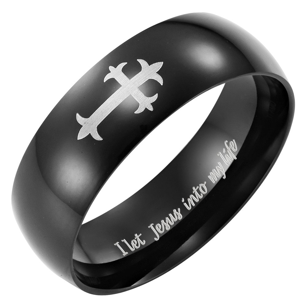 Willis Judd New Mens Cristian Cross Stainless Steel Ring Engraved I Let Jesus Into My Life in Black Velvet Gift Box