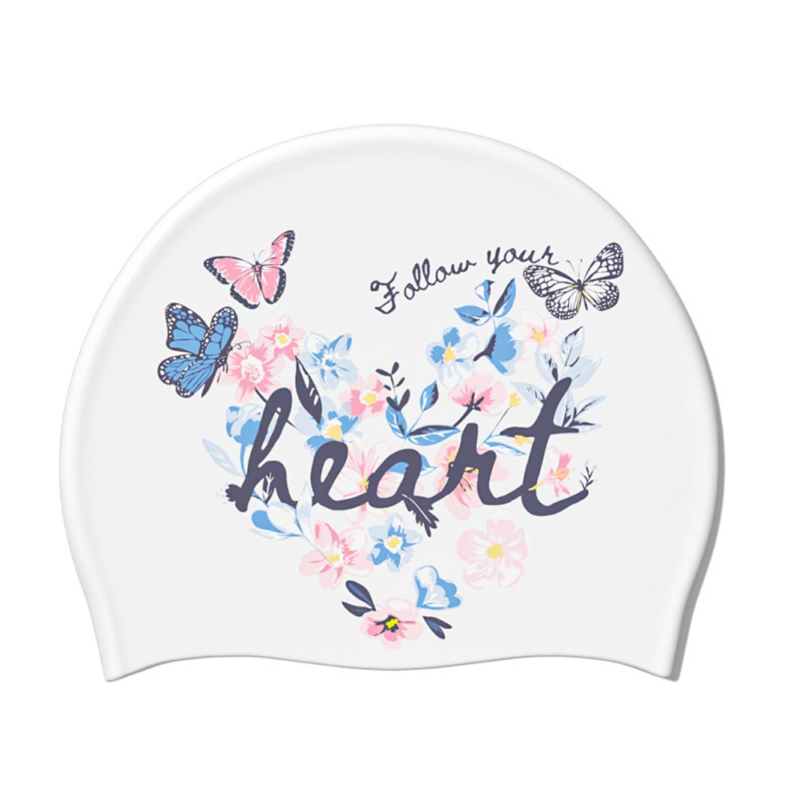fexxkg Silicone Swim Cap for Long Hair Waterproof Ear Cover Swimming Hat with Floral Butterfly Pattern for Pool Training and Be