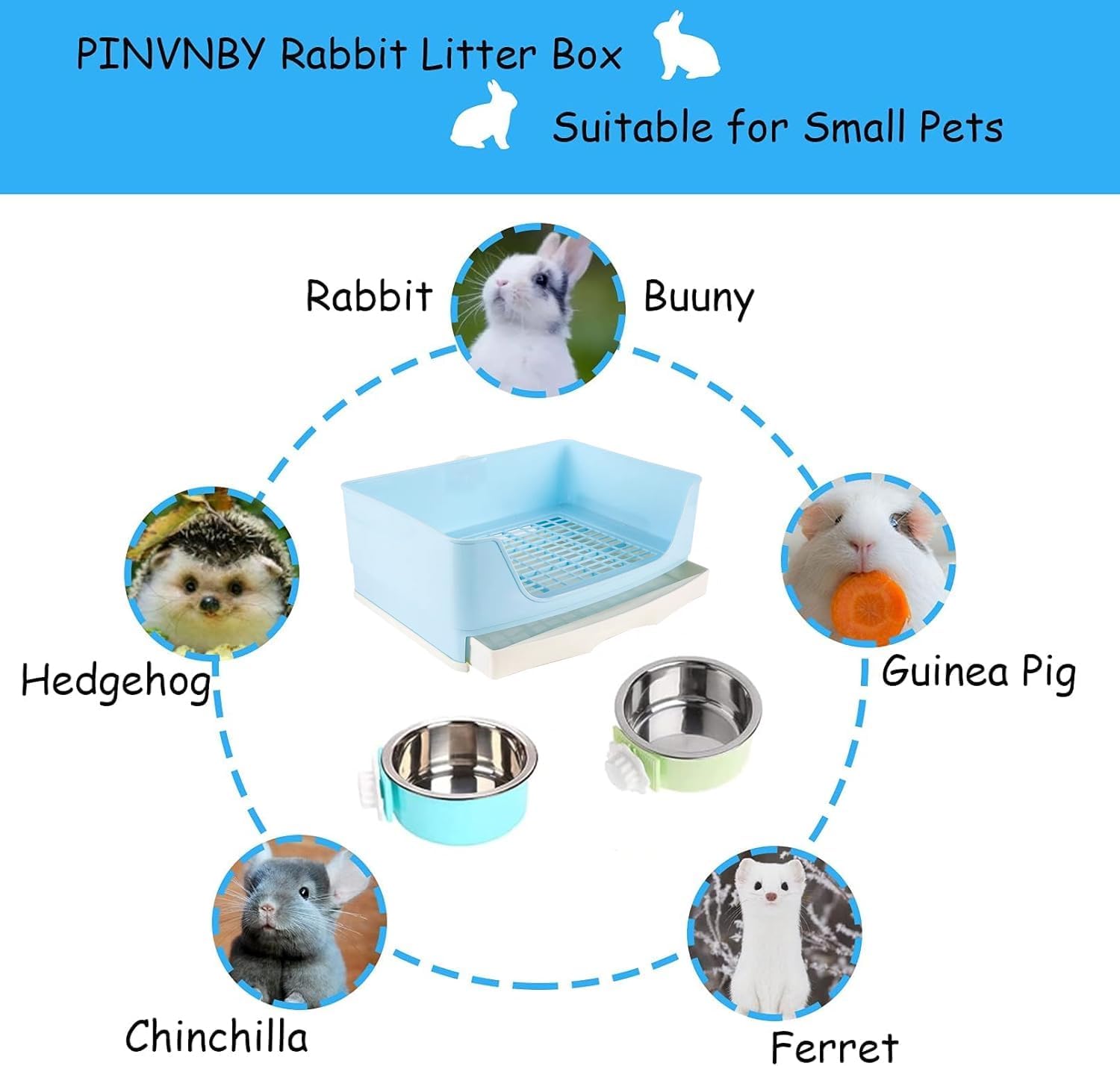 PINVNBY Rabbit Litter Box with Drawer for Cage Bunny Corner Litter Pan Box Small Animal Litter Pan Hanging Feed Bowls Cage Potty Trainer Pet Toilet for Rabbit Guinea Pigs Chinchilla Ferret - image 5