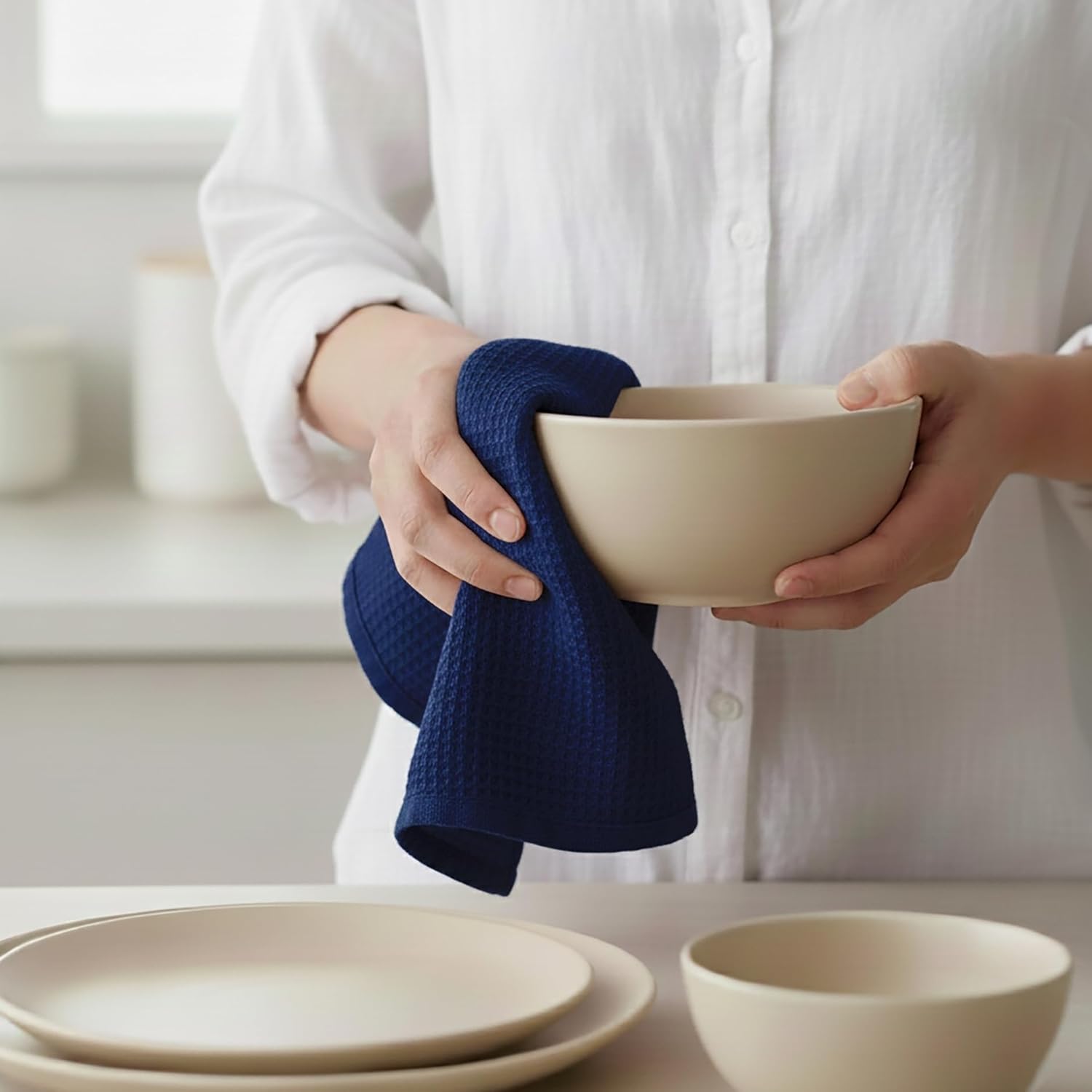 PurpleEssences Waffle Weave Kitchen Towel, 100% Cotton - 15x25 Inches with Hanging Loop, Ultra Soft Absorbent Quick Drying Dish Cloth, Tea and Hand Towels, 4 Pack - Spring Easter Summer - Navy Blue - Image 4