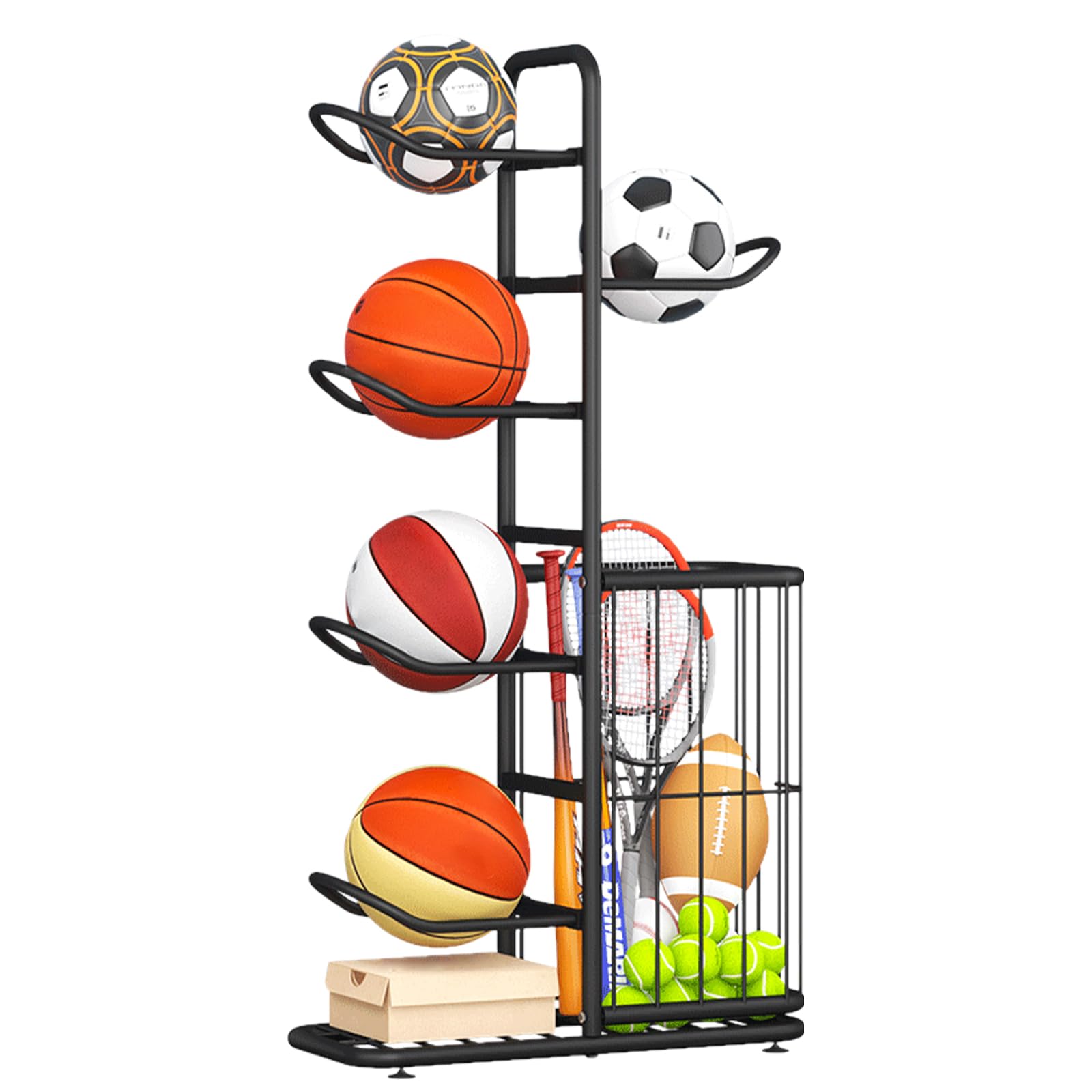 Support de ballon de basket-ball - Étagère de rangement pour équipements de sport - Support amovible avec 5 supports et paniers - Étagère de rangement pour rugby, volley-ball