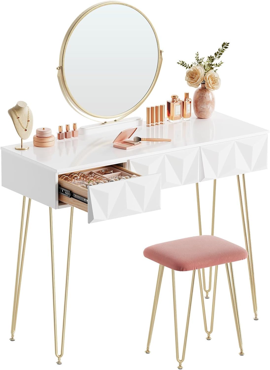 White Dressing Table with Velvet Pink Stool 360° Swiveling Mirror Set with 3 3D Effect Drawers Under the Makeup Bedroom Desk Dresser Set Hairpin Legs