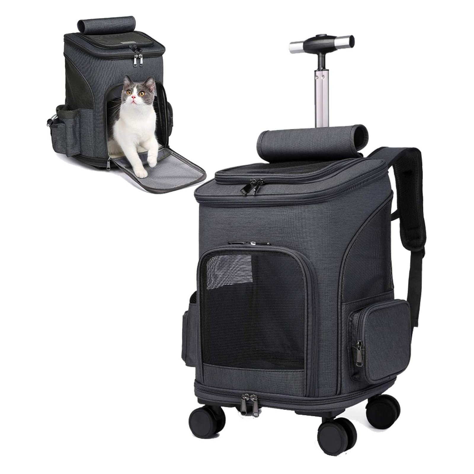 RUYICZB Wheeled Pet Carrier Backpack,Breathable Pet Carrier with Wheels,Comfort Cat Backpack with Removable Rolling Wheels for Small Dogs Cats Puppies,Dark gray
