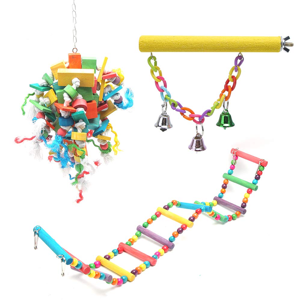 3PCS Bird Chewing Toy Set | Colorful Blocks String/Frosted Rod/Ladder Swing | Wood Parrot Biting Toy | Cage Accessory for Parrots & Small Birds