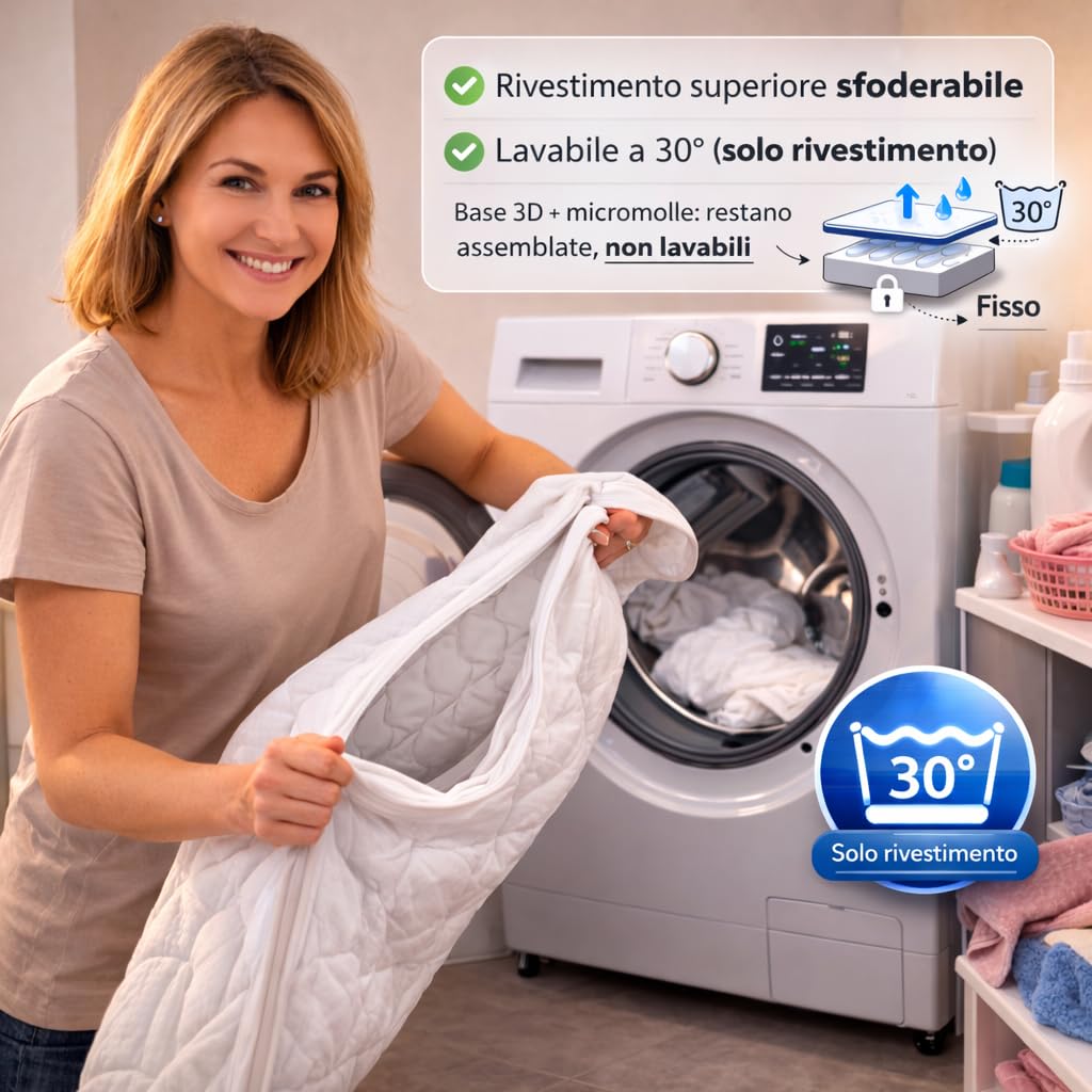 Topper Matrimoniale 7 cm con FIR e Micromolle + Memory Foam, Dispositivo Medico Made in Italy, Sfoderabile Lavabile 30°C, Anallergico Antiacaro, Coprimaterasso Matrimoniale (160x190)